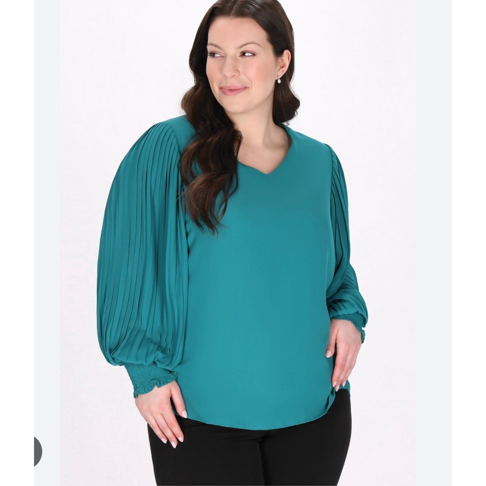 Calvin Klein Teal Pleated Balloon Sleeve V-Neck Blouse Top Small